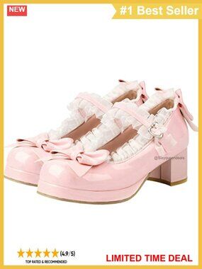 Kawaii Mary Jane Pumps Mid Block Heel Bow Buckle Synthetic Shoes